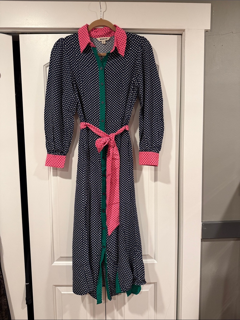 Boden Martha Shirt Dress with Pink Collar & Green Panels 6 - Picture 2 of 7